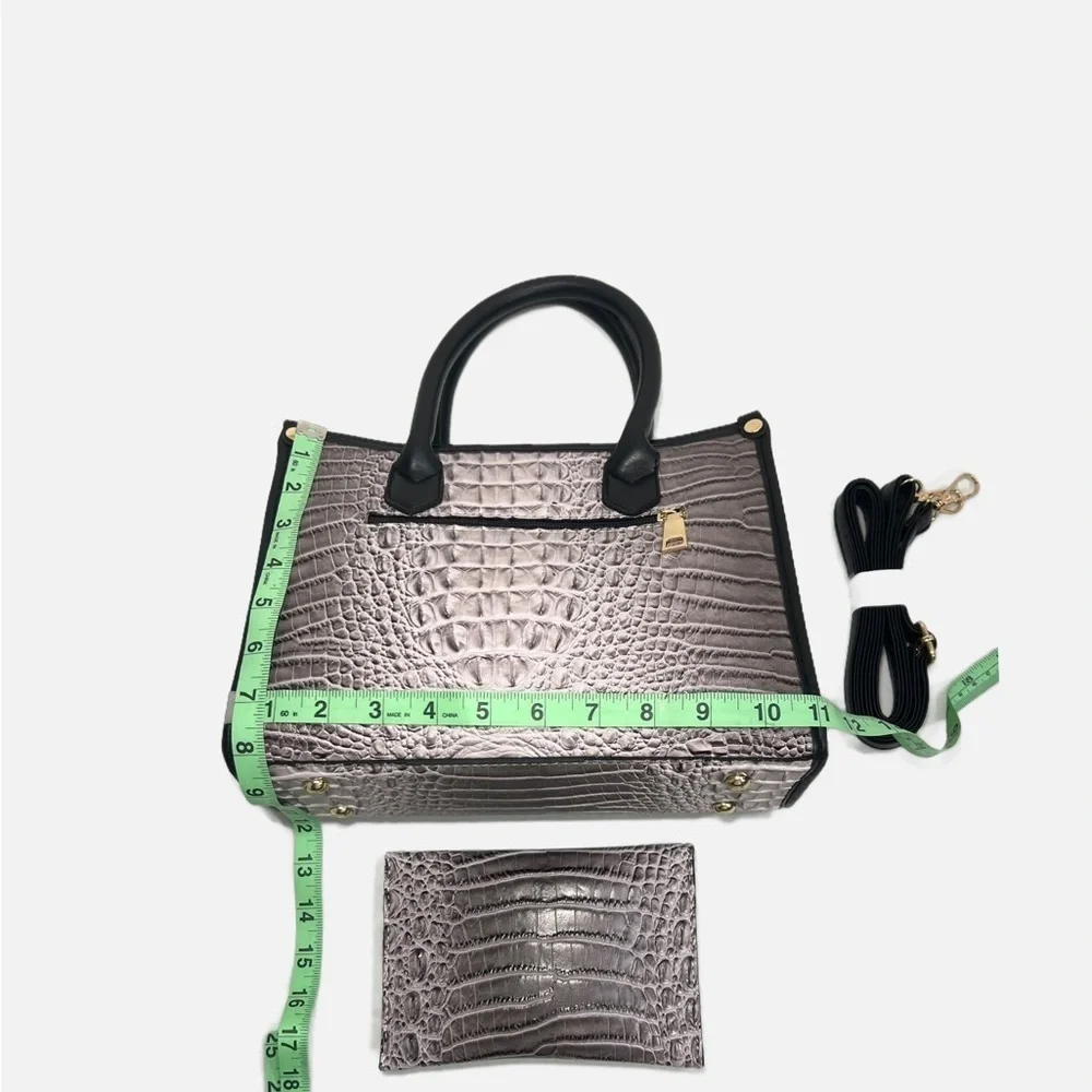 Charcoal Gray Crocodile Pattern Medium Handbag Set w Crossbody Strap PU Leather